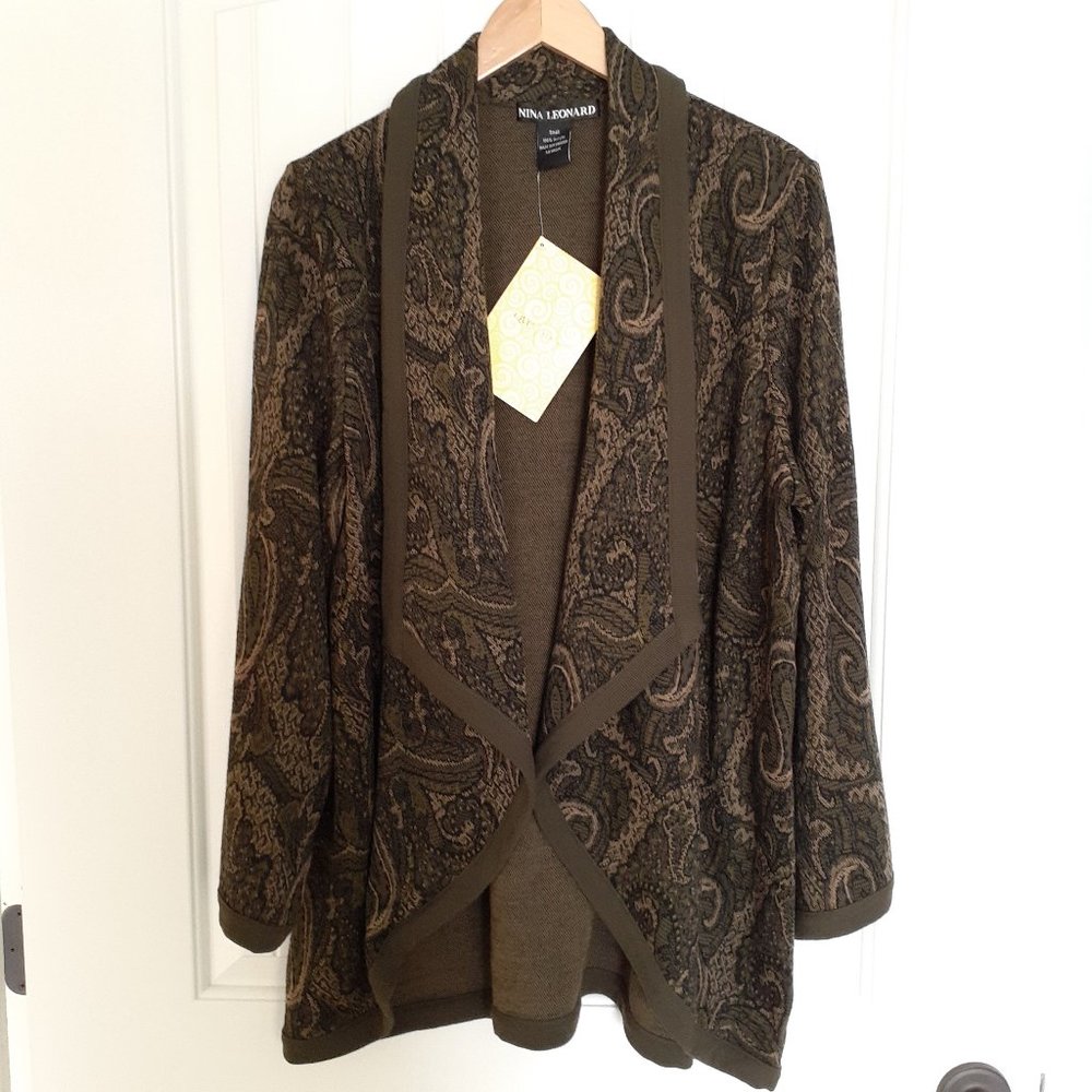 NEW Nina Leonard Paisley Open Front Cardigan Green Brown Size S